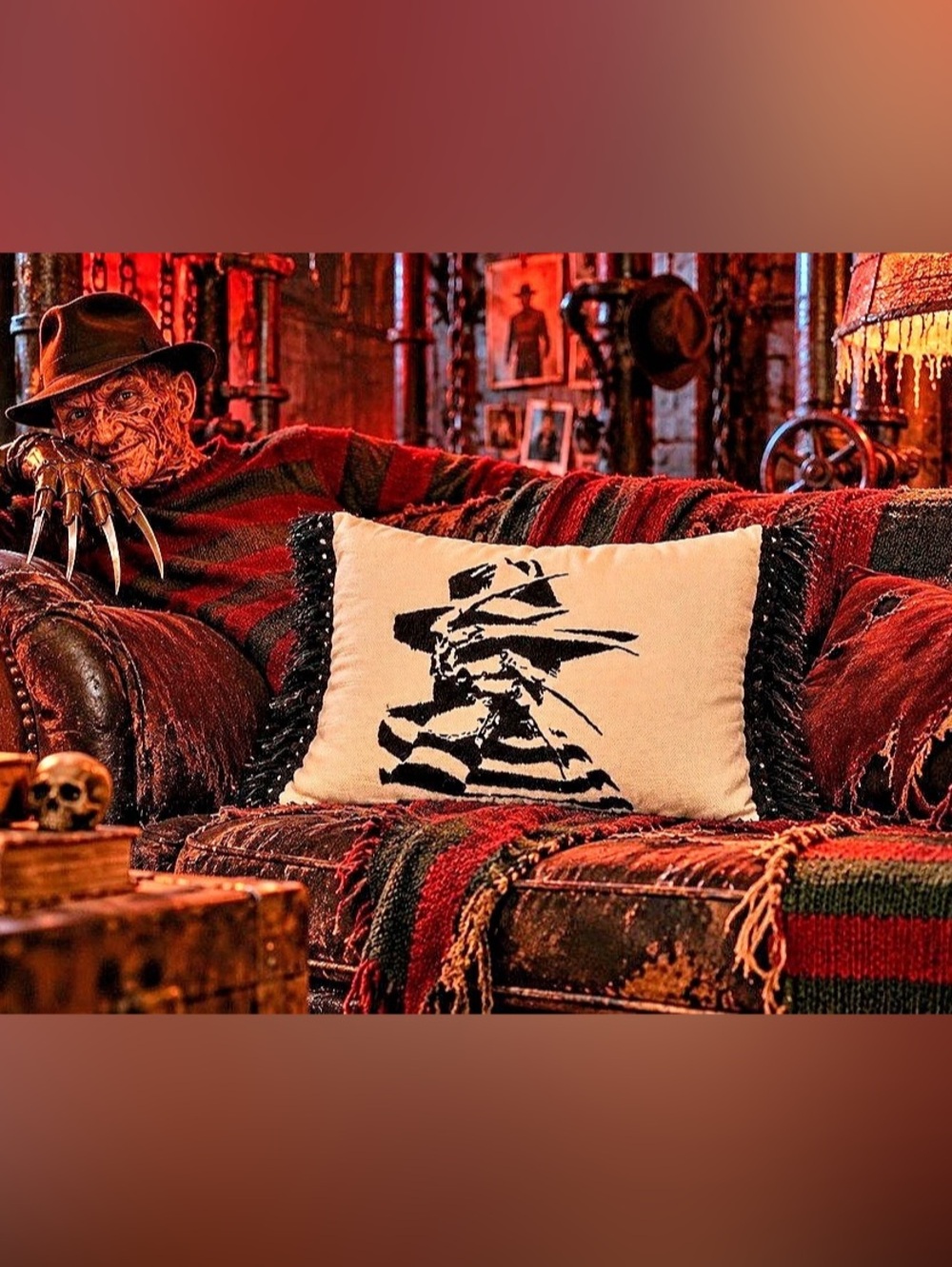 Hand Embroidered Halloween Accent Pillow Freddy
